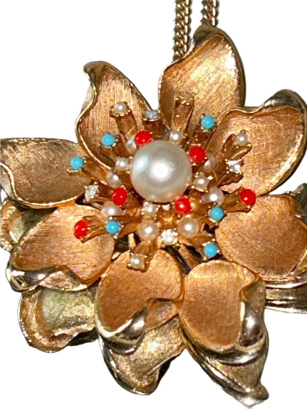 RARE VINTAGE LARGE GOLD TONE BROOCH Flower Starburst Collectible Turquoise